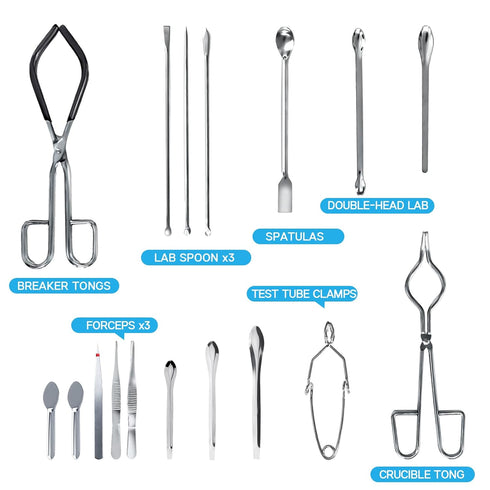 Scientific Lab Tools Pack for Basic Starter, Chemistry Set - Crucible Tongs Lab Spatula Scoop U-Shape Spoon Test Tube Clamps Stainless Steel Force...