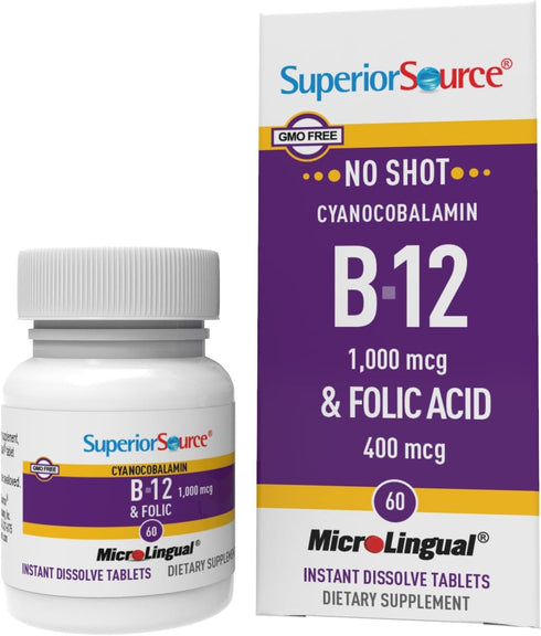 Superior Source No Shot Vitamin B12 Cyanocobalamin (1000 mcg), Folic Acid (400 mcg), Quick Dissolve MicroLingual Tablets, 60 Ct, Increase Energy, ...