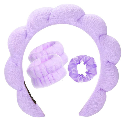 Spa Headband for Washing Face or Makeup Wristband Set,Sponge Bubble Headbands Skincare headband,Puffy Terry Cloth Hairband for Women Skin Care Mak...