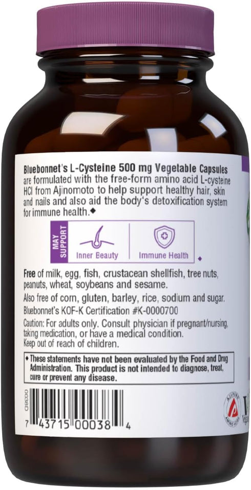 Bluebonnet Nutrition L-Cysteine 500mg, Free-Form Amino Acid, Promotes Healthy Skin, Hair and Nails, Soy-Free, Gluten-Free, Non-GMO, Kosher Certifi...