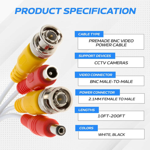 20FT White Premade BNC Video Power Cable Extension Wire for CCTV, Security Camera, DVR, Surveillance System, All in One Plug & Play Cord...