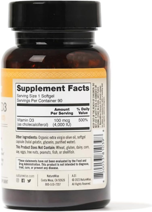 NatureWise Vitamin D3 4000iu (100 mcg) Healthy Muscle Function, and Immune Support, Non-GMO, Gluten Free in Cold-Pressed Olive Oil, Packaging Vary...