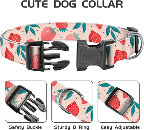 Dog Collar, Cute Pet Collar Adjustable for Large Dogs, Soft Dog Collars with Quick Release Buckle for Walking Running Cute Strawberry...