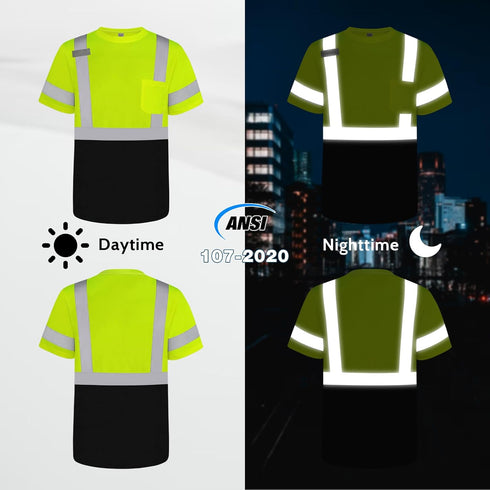 High Visibility Shirts for Men Class 3 Construction Shirts with Pocket, Hi Vis Reflective Safety Work Shirts for Men Women, Short Sleeve with Blac...