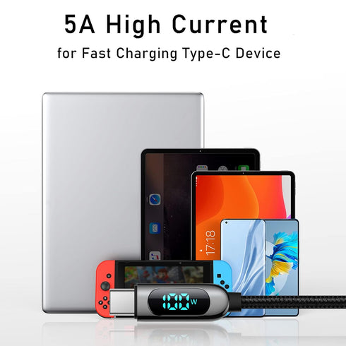 EWUONU USB C to USB C Cable 6ft, 100W Super Fast Charging with LED Display, 480Mbps Data Nylon Braided PD Cable for iPhone 15 Pro Max Samsung Gala...