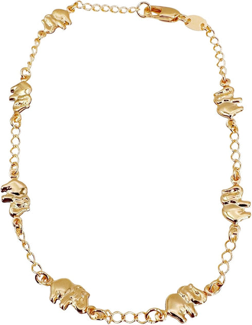 LESLIE BOULES Elegant 18K Gold-Plated Anklet with Seven Elephant Charms - Symbols of Protection, Abundance, and Good Luck...