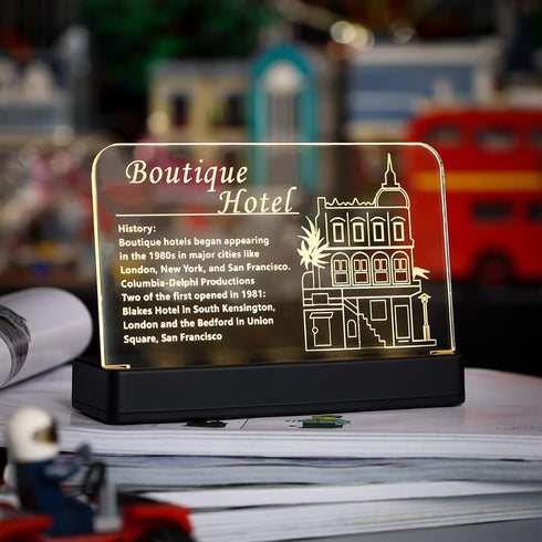 Kyglaring Glowing Clear Acrylic Name Plate with Power Base Designed for Lego Creator Boutique Hotel 10297 Building Set Sign Display (Glowing namep...