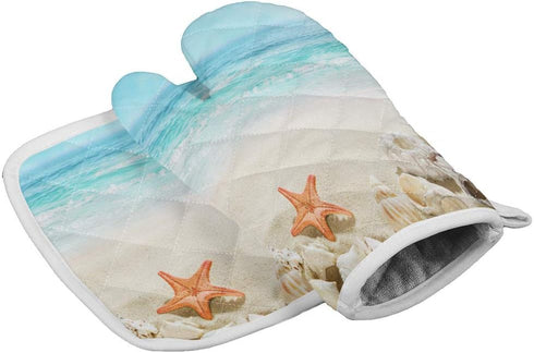 Sandy Beach Set of Oven Mitt and Pot Holde Starfish Seashell Theme Oven Gloves Heat Resistance Non-Slip Surface for Kitchen BBQ Cooking Baking Gri...