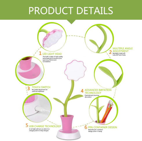 Desk Lamp for Kids Sunflower LED Charging Table Lamp Support Eye Protection Small Desk Folding for Reading,Study and Office, Adjustable Brightness...