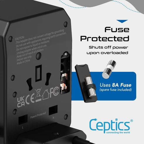 Ceptics Universal Travel Plug Adapter - Powerful 33W with PD & QC 3.0 USB-C Fast Charging - 2 USB Ports Wall Charger Type I C G A Outlets 110V 220...