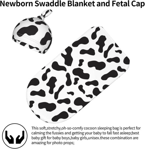 Cow Print Baby Stuff,Cow Print Newborn Swaddle Blankets Beanie Hat Sets Soft and Stretchy Baby Receiving Blanket Swaddle Sack for Baby Shower Infa...