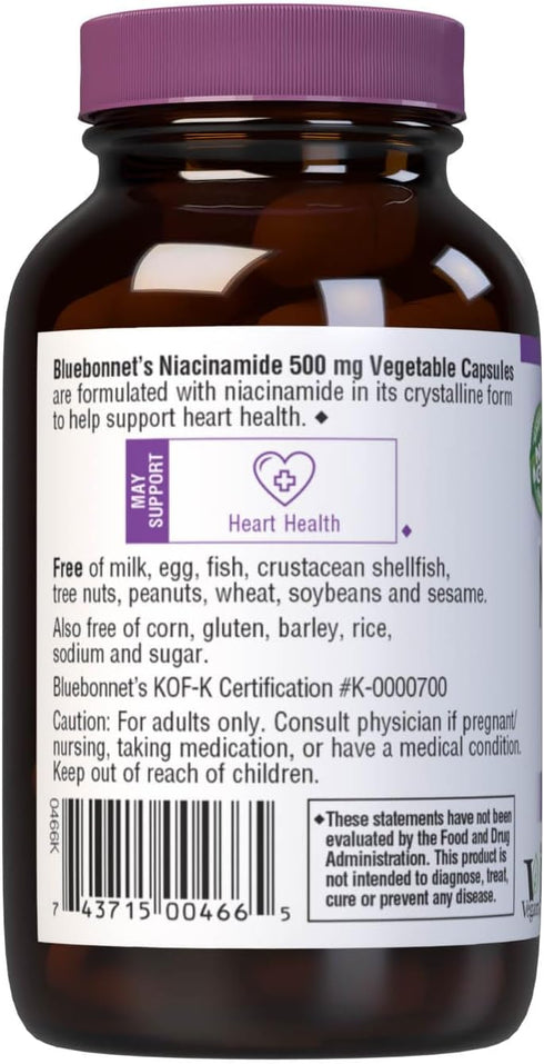 Bluebonnet Nutrition Niacinamide 500mg, Supports Cardiovascular Health*, Soy-Free, Gluten-Free, Non-GMO, Kosher Certified, Dairy-Free, Vegan, 60 V...