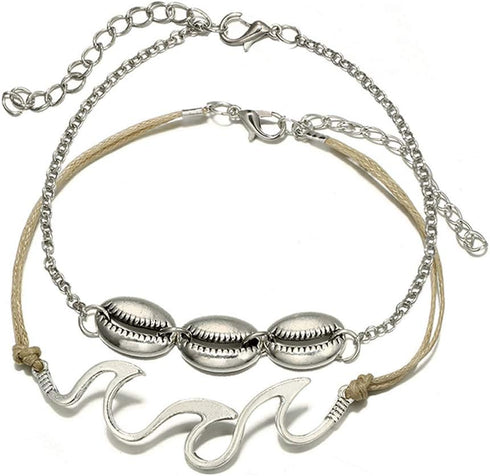 Bohemia Shell Wave Anklet Set Conch Leather Foot Chain 2 Pcs Boho Beach Ankle Bracelet for Women and Girls...