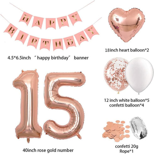 40Inch 15 Balloons Number Birthday Decorations, 15th Birthday Decorations for Girls with Rose Gold Banner Confetti Balloons 1" in Diameter Heart C...