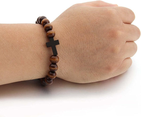 Wooden Cross Wood Beaded Bracelet for Women Men Religious Christian Jewelry Pray Baptism...