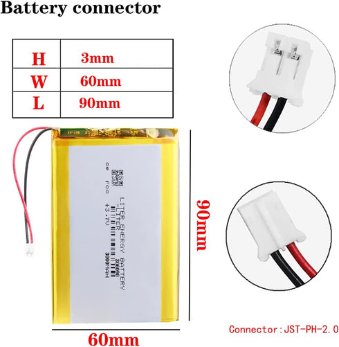 Liter 3.7V 3000mAh 306090 Lipo Battery Rechargeable Lithium Polymer ion Battery Pack with JST 2.0mm Connector...