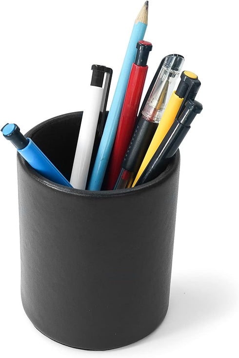 Pencil Holder, Leather Pen Cup for Desk (Round, Black)...