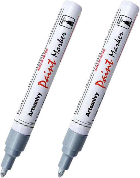 Silver Paint Pens Paint Markers - 2 Pack Oil-Based Permanent Markers Medium Point,Waterproof Quick Dry Paint Pens for Metal,Rock,Wood,Fabric,Plast...