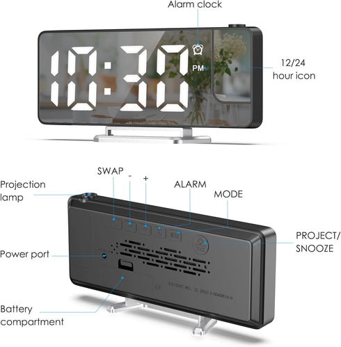AMIR Projection Alarm Clock for Bedroom, 7.9 in Display LED Alarm Clock with 180° Rotatable Projector, Digital Clock with Brightness,Large Screen,...