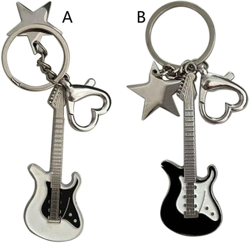 Guitar Keychain, Metal Bass Guitar Pendant Key Chain with Mini Pentagram and Heart, Fashionable Unisex Guitar Star Keychain, Y2K Unique Keychain f...