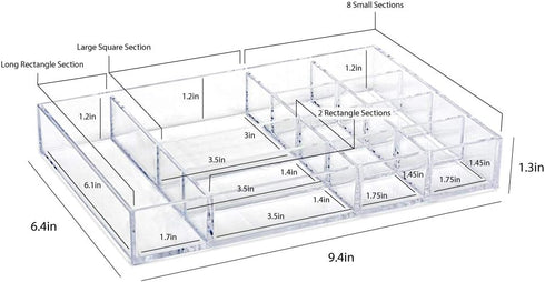Isaac Jacobs 12-Compartment Clear Acrylic Drawer Organizer (9.4" L x 6.4" W x 1.3" H), Multi-Sectional Tray & Storage Solution for Makeup, School ...