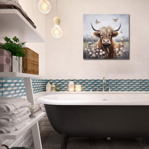 Enartly Bathroom Wall Art Highland Cow Painting Rustic Farmhouse Picture Animal Canvas Print, Nature Flower Landscape Abstract Artwork Framed for ...