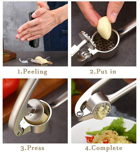 Garlic Press, Stainless Steel Garlic Press Tool with Cleaning Brush and Silicone Garlic Peeler 3 Pcs By Lechay...