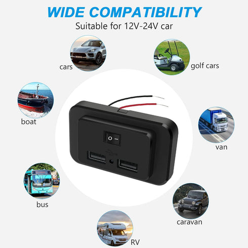 2 Pack Dual USB Car Charge Adapter 12V-24V Quick Car Charger Socket Power Outlet with Cap 4.8A Adapter Multiple Ports for Bus, RV, Boat, Golf Cart...