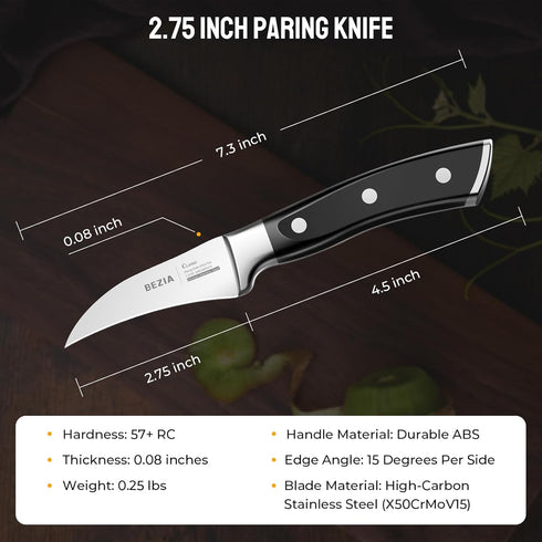 BEZIA Peeling Paring Knife 2.75 inch, German High-Carbon Steel, Fruit Knife Kitchen Knife with Ergonomic and Full Tang Handle, Black...