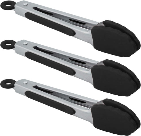 Small Serving Tongs with Silicone Tips 7 Inch Mini Stainless Steel Food Tongs, Set of 3 (Black)...