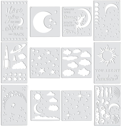 12 Pieces Moon and Star Stencil Clouds Stencil Reusable Star Template Planet Plastic Stencil Template Star for Painting on Wood Wall Notebook Card...
