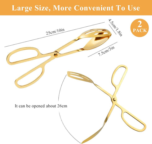 2 Pack Gold Salad Tongs,10 Inch Stainless Steel Kitchen Tongs for Serving Food, Kitchen Scissor Tongs for Cooking Buffet Catering Bread Pastry Des...