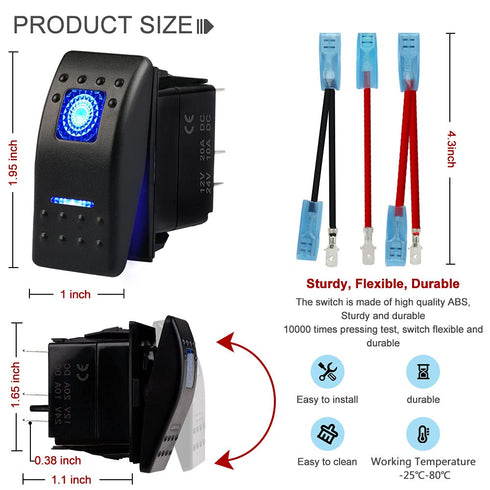 Waterproof Marine Boat Rocker Switch Toggle 12V 24V, 5 Pin SPST ON-Off Switch 12V/20A 24V/10A Blue LED Light, with Jumper Wires Set for Car Marine...