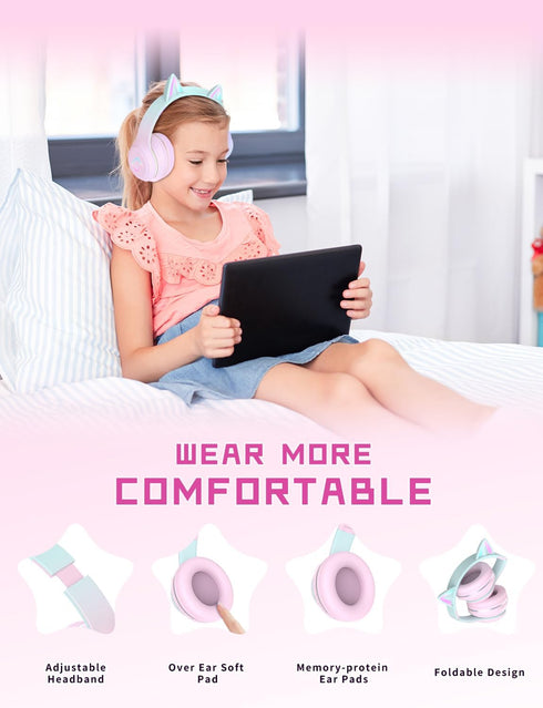 Kids Bluetooth Headphones,Cat Ear LED Light Child Wireless Headphones with Mic,Adjustable Headband,TF Card,Foldable Bluetooth Stereo Over-Ear Kids...