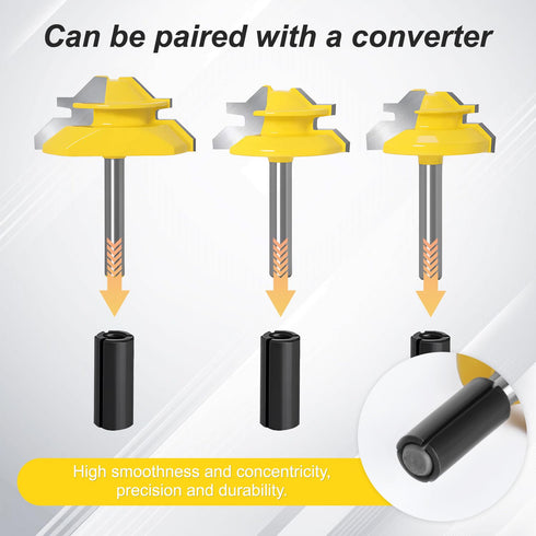 45 Degree Lock Miter Router Bit Set, 3PCS Tungsten Carbide 1/4 Inch Shank Woodworking Tools, Includes 1/4 to 1/2 Inch Collet Converter for Cutting...