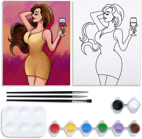 Nuberlic Pre Drawn Canvas for Painting for Adults, Paint and Sip Kit, Sexy Woman Canvas Painting Kit, 8x10 Stretched Canvas for Party Supplies, Re...