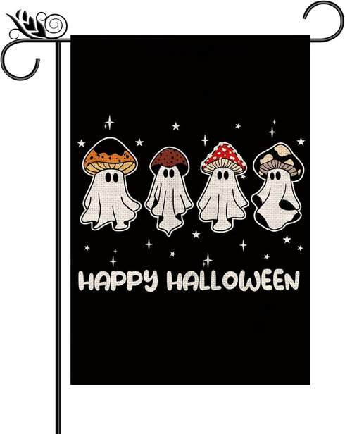 Happy Halloween Garden Flag Ghosts Mushroom Double Sided Flags for Outside Black Burlap Lawn Yard Outdoor Decoration 12.5x18 Inch...