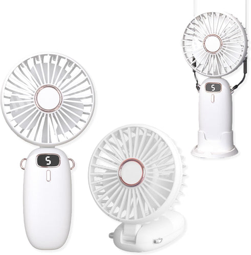 Portable Handheld Fan, 3-in-1 Handheld 5-Speed USB Rechargeable Folding Fan with Base & Digital Display, Foldable Fan for Commuting, Travel, White...
