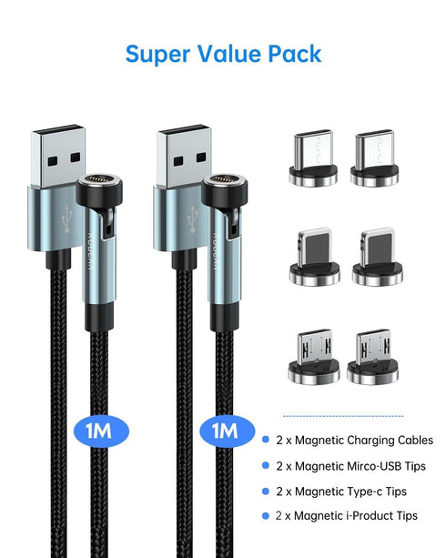 Kuulaa 7pin Magnetic Charging Cable 2Pack 3FT 540° Rotating Magnetic Phone Charger Cable 3A Fast Charging Data Transfer Magnetic USB Cable Nylon-B...
