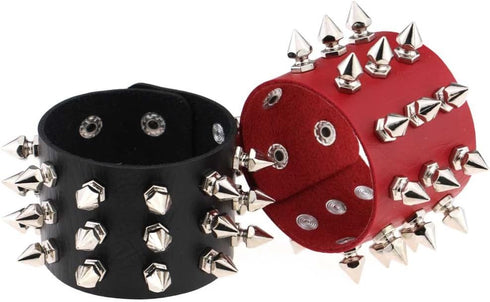 Multicolor PU Simulated Leather Silvert-tone Spikes Rivets Adjustable Buckle Bracelet, Pack of 2 PCs...