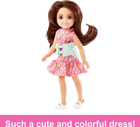 Barbie Chelsea Doll, Small Doll with Brace for Scoliosis Spine Curvature, Brunette Wearing Pink Lightning Bolt Dress...