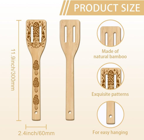 GLOBLELAND 6Pcs Mushroom Bamboo Cooking Utensils Wooden Engraved Cooking Spoons Set Carving Kitchen Bamboo Spatula Set Wood Cooking Spoon for Kitc...