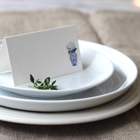 Nancy Nikko Place Cards with Blue and White Ginger jar with White Flowers, Table Tent Style, Scored for Easy Folding. Available in Pkgs of 12/25 /...