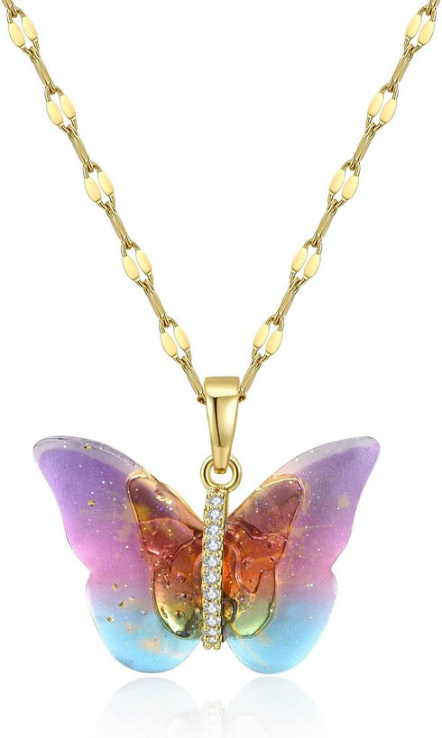 Butterfly Necklace for Women - Fairy Cubic Zirconia Butterfly Pendant Necklaces Titanium Steel (Gold Pink)...
