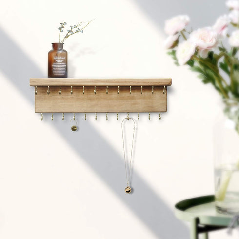 SANY DAYO HOME Jewelry Organizer with 24 Hooks and Cosmetics Shelf, 12 x 3 x 4 inches Wall Mounted Rustic Pine Wood Holder for Necklaces and Brace...