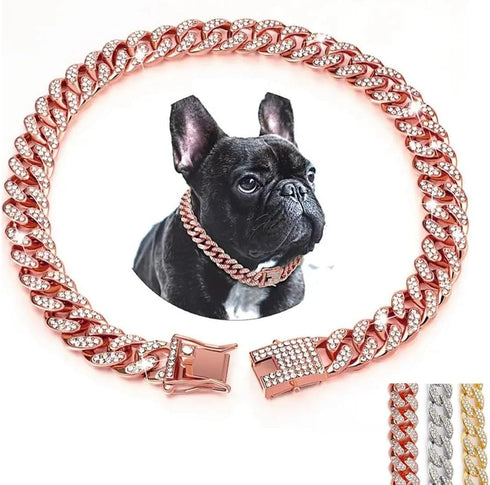 Rose Gold Chain Dog Collars for Medium Dogs, Glitter Rhinestone Sparkly Diamond Metal Bling Cuban Link Dog Necklace for Small Medium Large Pet Dog...