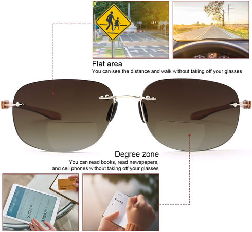 2 Pairs Rimless Bifocal Reading Glasses UV400 Protection Sunglasses Blue Light Blocking Lightweight Sun Readers for Unisex Men Women Outdoor Drivi...