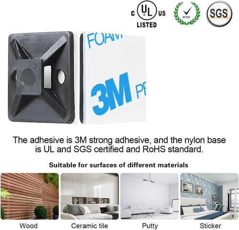 200pcs 3/4" 3M Back-Glue Self Adhesive Black Strong Cable Zip Tie Mounts with 8" Ties, Screws, UV Protection Outdoor Sticky Wire Fasteners Cable C...