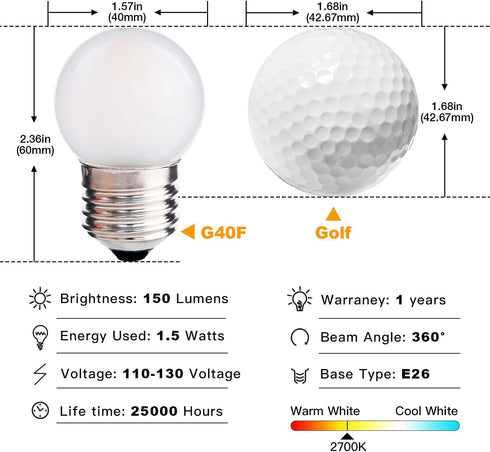G40 Low Watt LED Light Bulbs 1.5W Soft Warm White 2700K G14 Energy Saving Bulb 15 Watt Equivalent Lights Bulb Standard Base E26, night light for B...