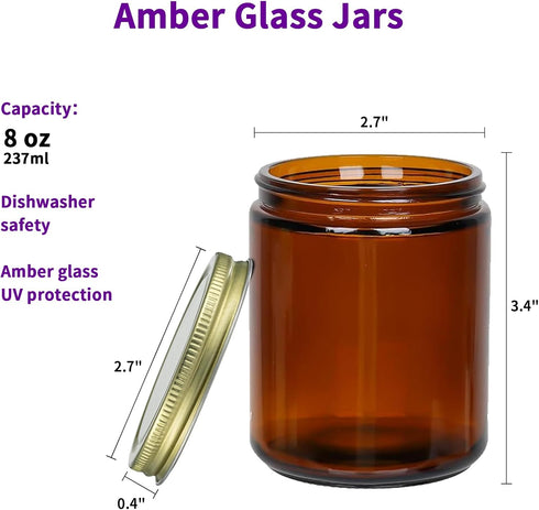 8 Oz Glass Jars with Lids,12 Pack Amber Glass Jars with Lids, Small Canning Jar, Candle Jars for Making Candles, Food Storage, Spices, Herbs, Home...